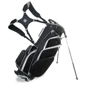 Black golf bag with stand and straps.